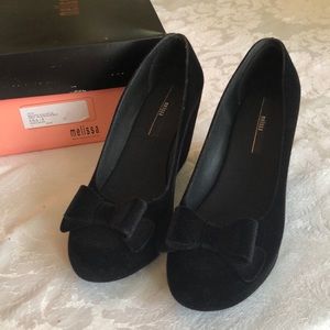Melissa black flocked wedges with bow, size 8